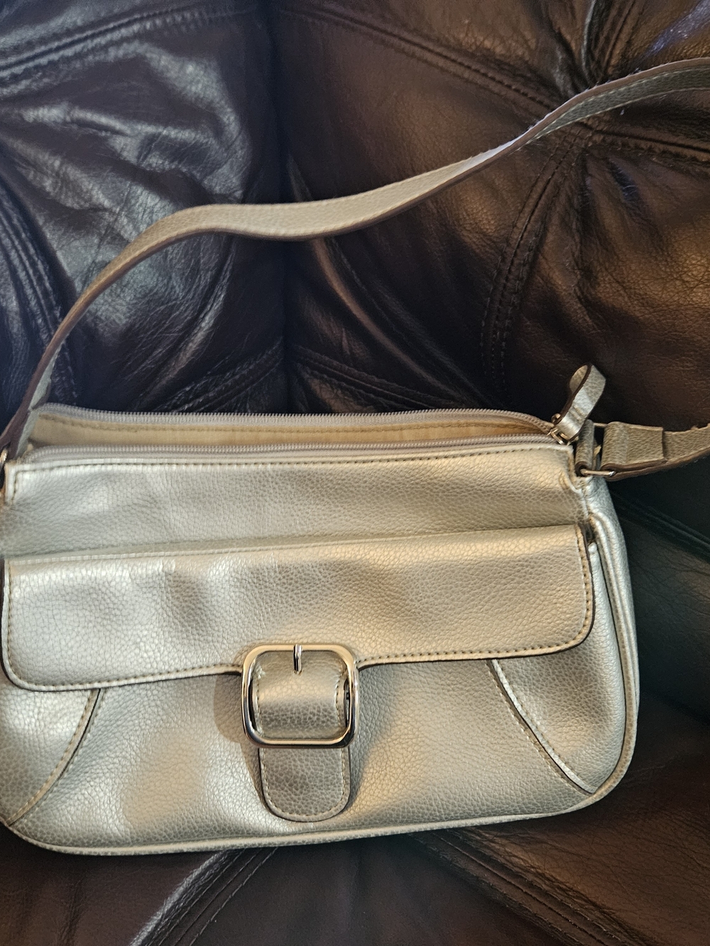 Liz Claiborne Metallic Cream Shoulder Bag with Front Buckle